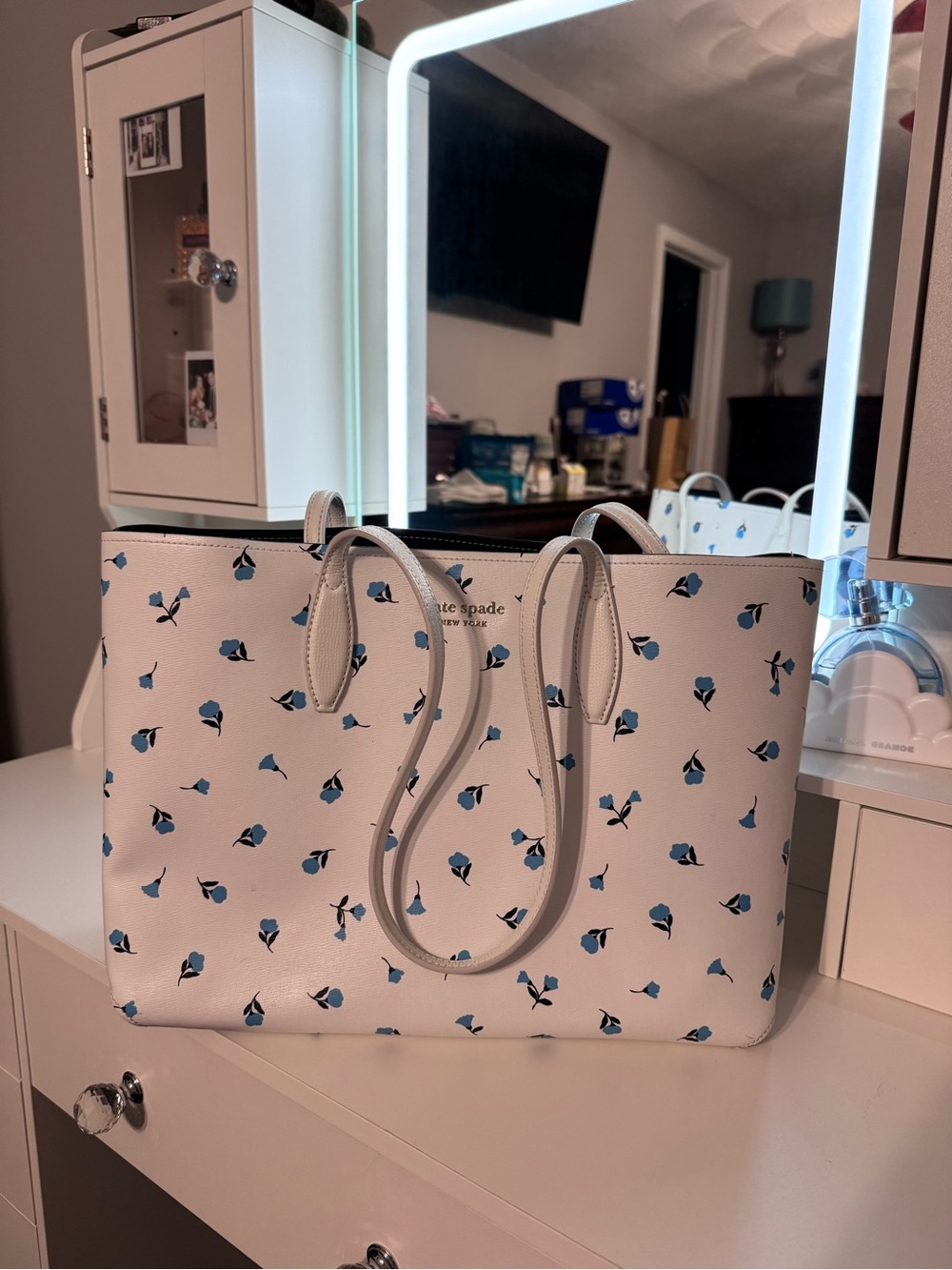 kate spade cream tote with blue floral print